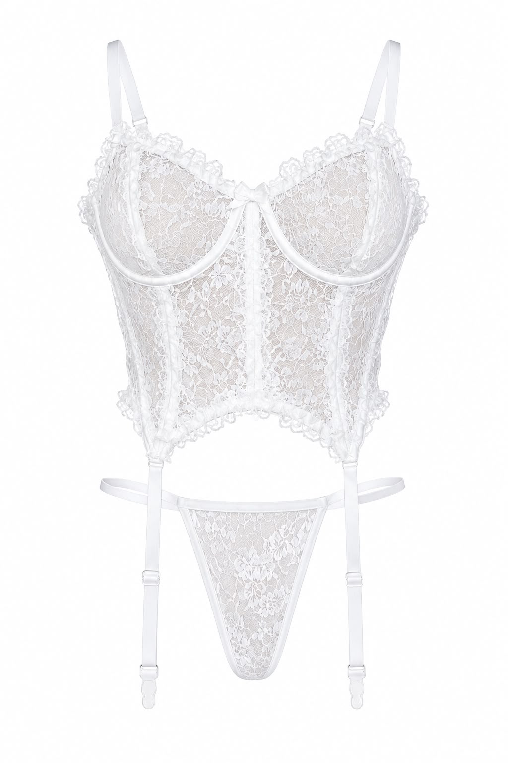 White bridal lace lingerie set featuring an underwire bustier, matching thong and adjustable garter straps.