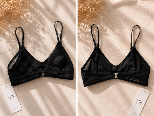 Black cotton bralette with delicate sheer lace overlay, shown from the front and back, by ADV Bodywear.