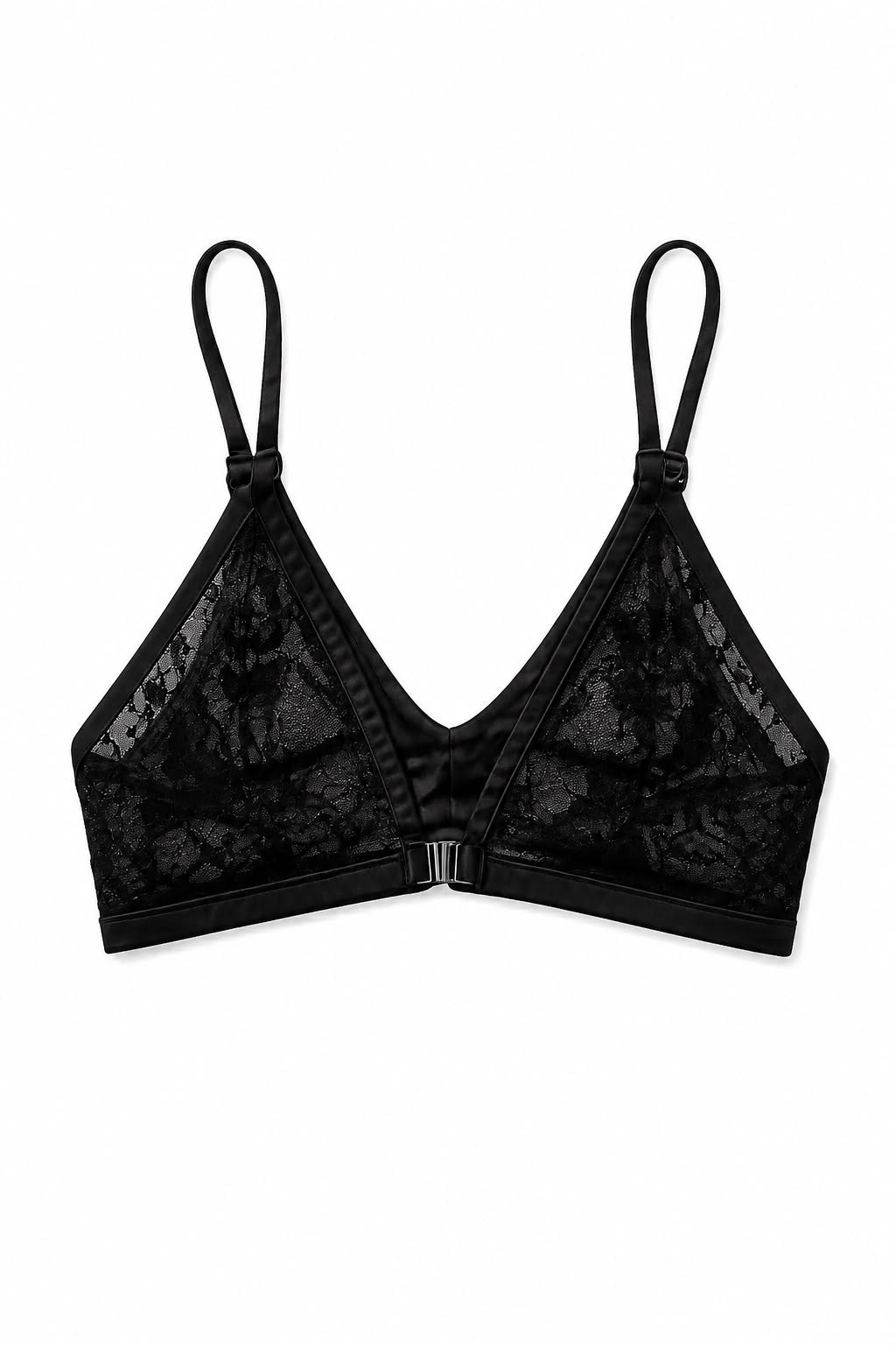 Black cotton triangle bralette with delicate sheer lace overlay and adjustable straps by ADV Bodywear.
