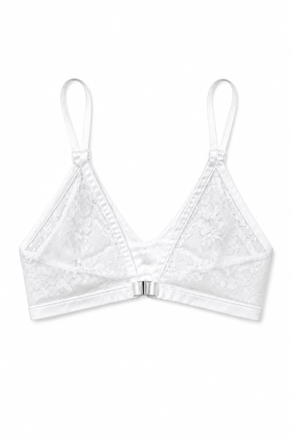 White cotton triangle bralette with delicate sheer lace overlay and adjustable straps by ADV Bodywear.